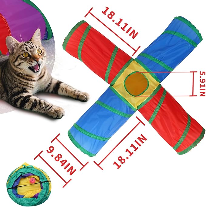 Coolcandy Cat Tunnel & Interactive Cat Toy Indoor, 4 Way Tunnel Toys for Indoor Cats, Collapsible Interactive Peekaboo Cave with Play Ball, for Multi-Way Play & Small Animals