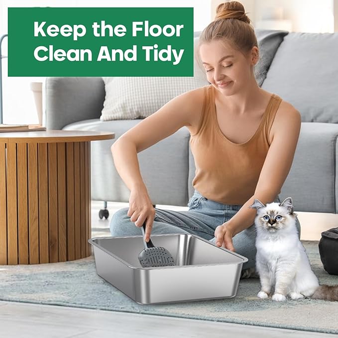 Stainless Steel Cat Litter Box,Metal Kitten Litter Pan, High Side Cats Toilet Indoor Litter Tray Pet Toilet Supplies for Cats, Kitty,Rabbits, Easy Clean, Non Stick Litter Box, No Smell