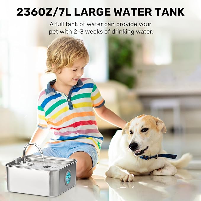 FUKUMARU Dog Water Fountain, 1.8 Gal/236oz/7L Water Tank Ultra Quiet Pump (28.5dB) & 4-Stage Filter System Stainless Steel Kitty Water Fountains for Multi-Cat/Dog Homes, with 3 Filters