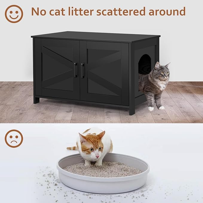 Homhedy Cat Litter Box Enclosure, Wooden Cat Washroom Furniture with Barn Door, Pet House, Fit Most of Litter Box, Black