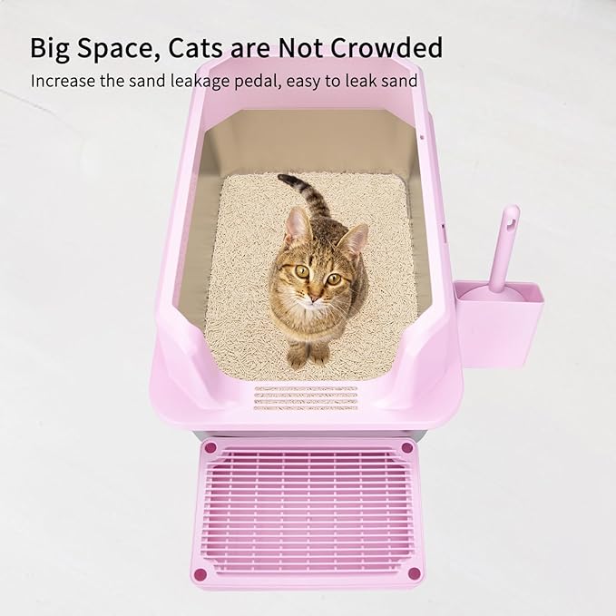 RIZZARI Large Stainless Steel Cat Litter Box: Open Top Leak-Proof Large Cat Pan - Odor Control for Indoor Multi-Cat Homes (Light Pink, 23.8" L*16" W*12" H)