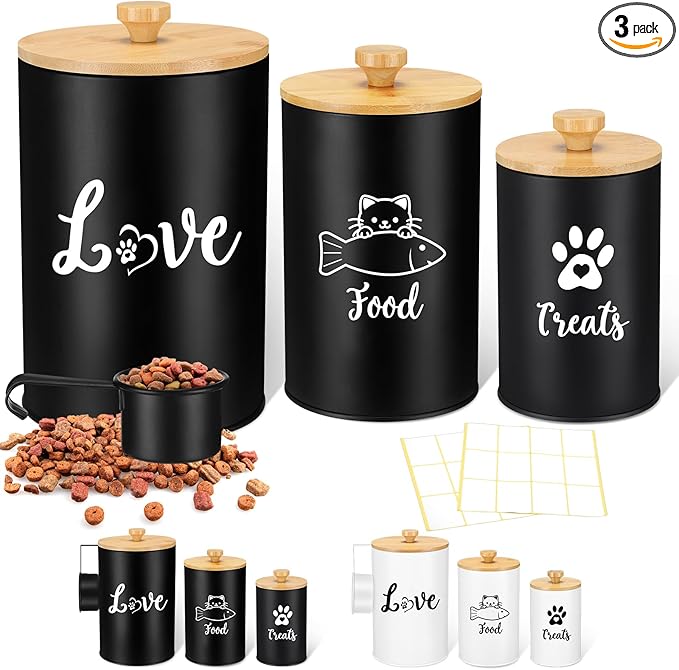 Metal Airtight Cat Treat Container Set of 3 with Bamboo Lids and Spoon Cat Food Storage Container with DIY Labels Pen Pet Cookie Snack Food Storage Organizer Jars for Kitchen Counter(Black)