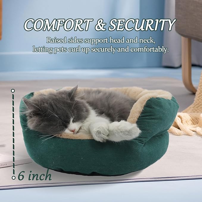 Cat Beds for Indoor Cats Calming Bed Washable,Small Size Dog Sofa Extra Comfy Cuddler Round Kitten Pet Bed Anti Slip Bottom for Anxiety,Warm Puppy Plush Snuggler Kennel Up to 10 Lbs,16 inch,Green