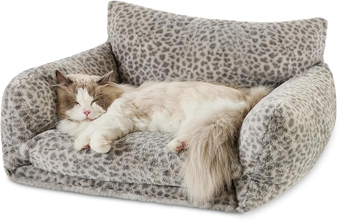 Hollypet Cat Bed Fluffy Plush Mutifuctional Double-Layer Soft Pet Couch Orthopedic Sofa Nest Beds for Small Cats and Dogs, Snow Leopard (25x20x13 inch)