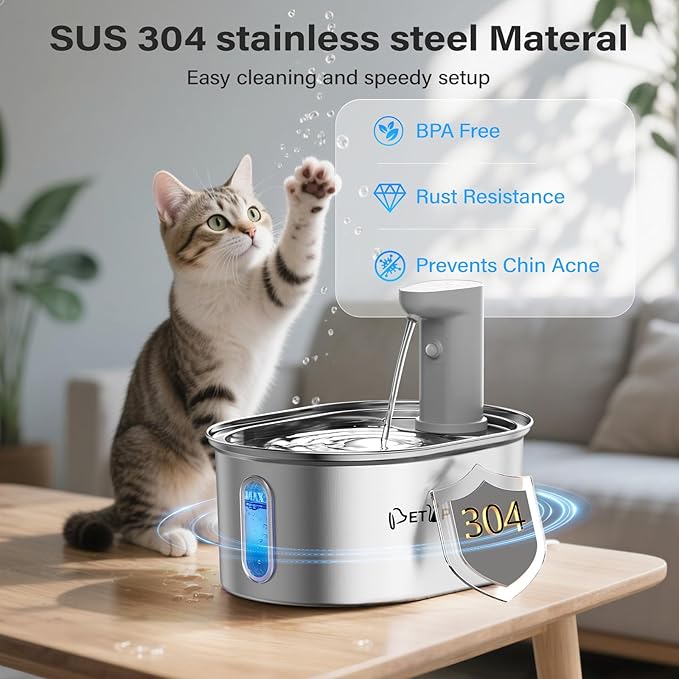 Cat Water Fountain Wireless Cordless with 4 Filters, Stainless Steel Pet Water Fountain with Auto Shut Off Pump, Battery Operated Cat Fountain Rechargeable Water Fountains for Cats Dogs - 3.2L/108oz