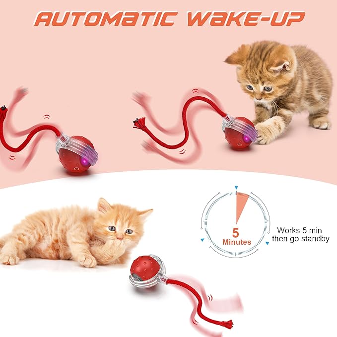 IOKHEIRA Interactive Cat Toys Ball, Motion Activate Electric Cat Toy, Automatic Pet Exercise Toys, Simulate Bird Calls, USB Rechargeable (Long Tail)