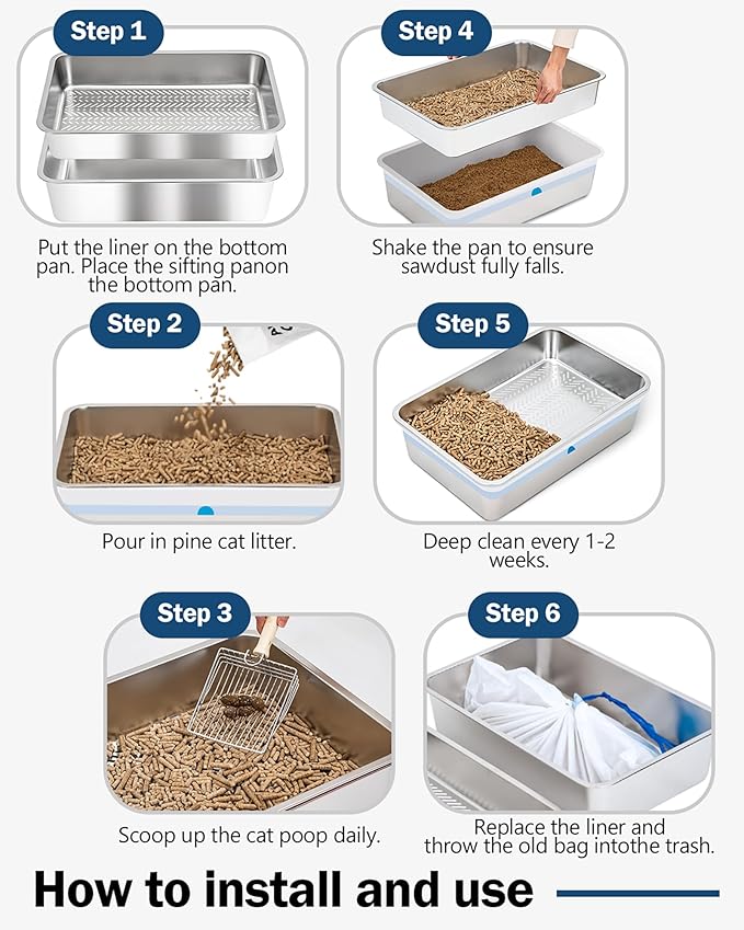 Stainless Steel Sifting Litter Box with Lid, Metal Litter Pan with Scoop for Big Cats Multi Cat, Extra Large Cats Litterbox Odor Control Easy Clean (24 * 16 * 12inch-Side Entry, X-Large)