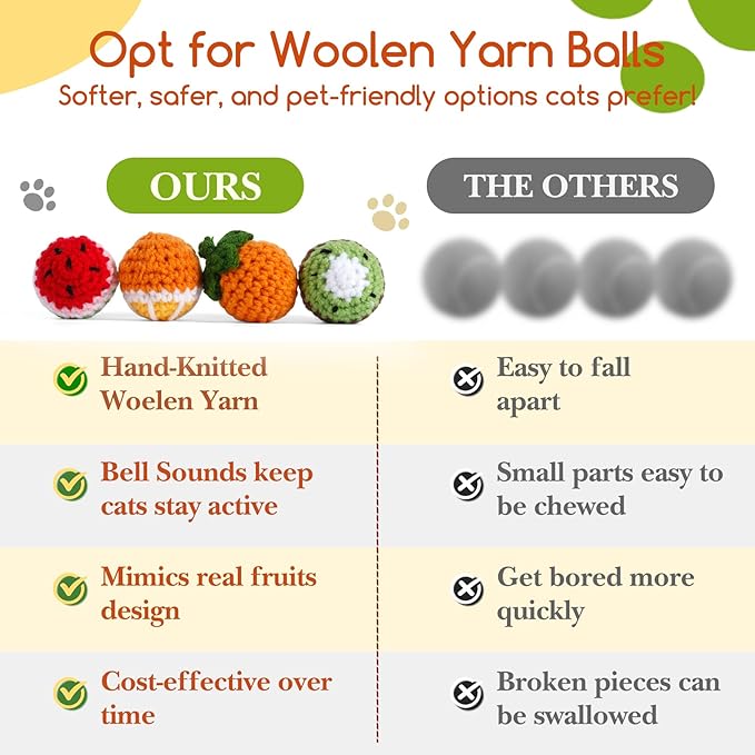 12 Pack Cat Toy Balls, Hand-Knitted Woolen Yarn Cat Balls Toy with Bell Inside, Interactive Kitty Toys for Indoor Kitten Teething, Chasing & Self Play(Fruit-Shaped)