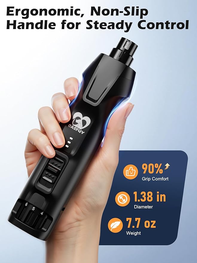 Casfuy 6-Speed Dog Nail Grinder – 50%+ Boost Power Dog Nail Trimmers Quiet with Dust Cap & 2 LED Lights & 2000mAh Battery & 4.8V Motor Electric Pet Toenail File Tool for Large Medium Small Dogs Cats
