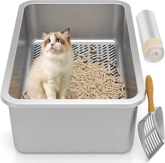 XXL Stainless Steel Sifting Litter Box for Big Cats,Metal Sifting Cat Litter Box for Wood Pine Pellets,Extra Large Sifter Litter Pan System,Odor Control,Easy to Clean,with Liners and Metal Scoop