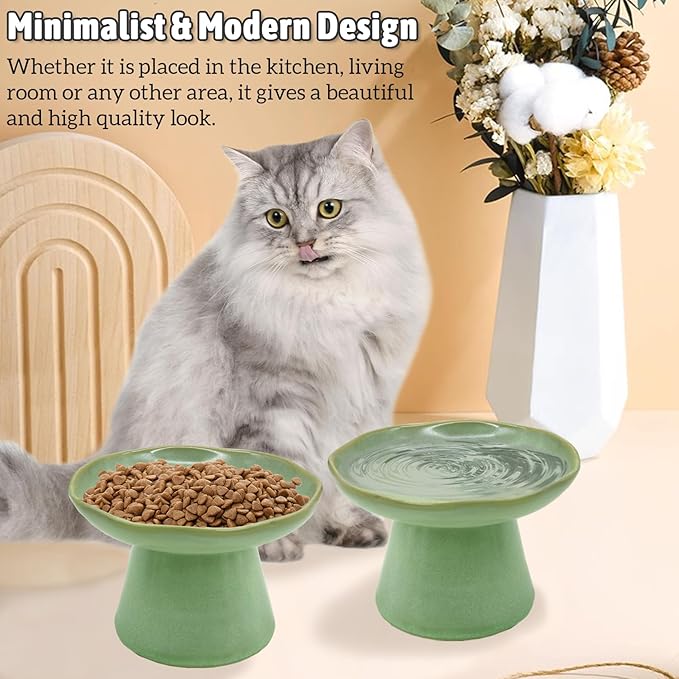 VCEPJH Elevated Shallow Cat Bowls 6.1in Ceramic Cat Food Plate Pack of 2 Raised Cats Dish Flat Anti Whisker Fatigue Wide Pet Food & Water Feeder for Indoor Kitty Kitten (Green)