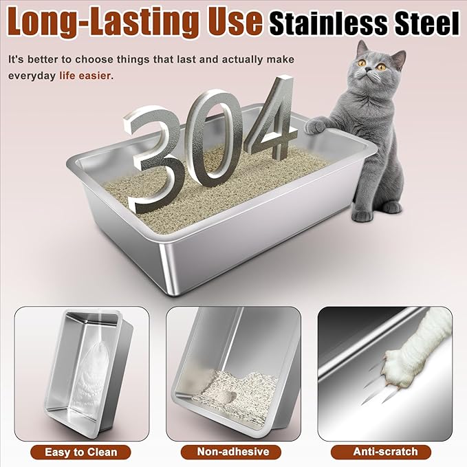 Stainless Steel Cat Litter Box with Lid, 180° Flip Top XL Enclosed Litter Box with Trapping Mat & Metal Scoop, Front Top Dual Entry Steel Extra Large Cat Litter Pan