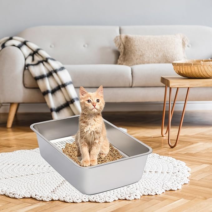 Stainless Steel Sifting Cat Litter Box, XL High-Sided, Anti-Leakage, Easy Clean, 23.6" L x 15.9" W x 8" H,Includes Scoop & Liner, Ideal for Big Cats & Pine Pellets