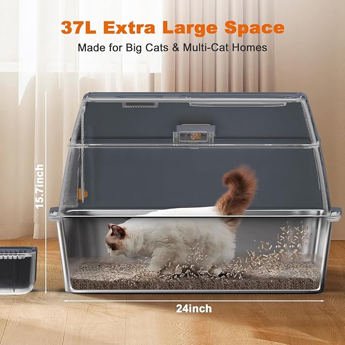 Stainless Steel Extra Large Covered Litter Box with High Sides Enclosed Lid for Big Tall Multiple Indoor Cat,Deep Metal,Jumbo Hooded,Low Entry Design for Dog Proof,Odor Control,Easy Clean,No Mess