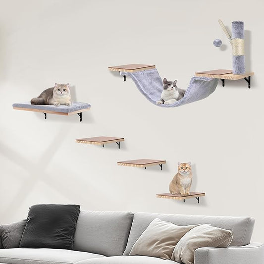 Cat Shelves for Wall, Wall Mounted Cat Furniture Set,with Hammock,Jumping Boards,Sofa,Steps,ScratchingPost,Hanging Ball and Felt Pads, Suit for Cats Climb, Jump,Scratch-Gray