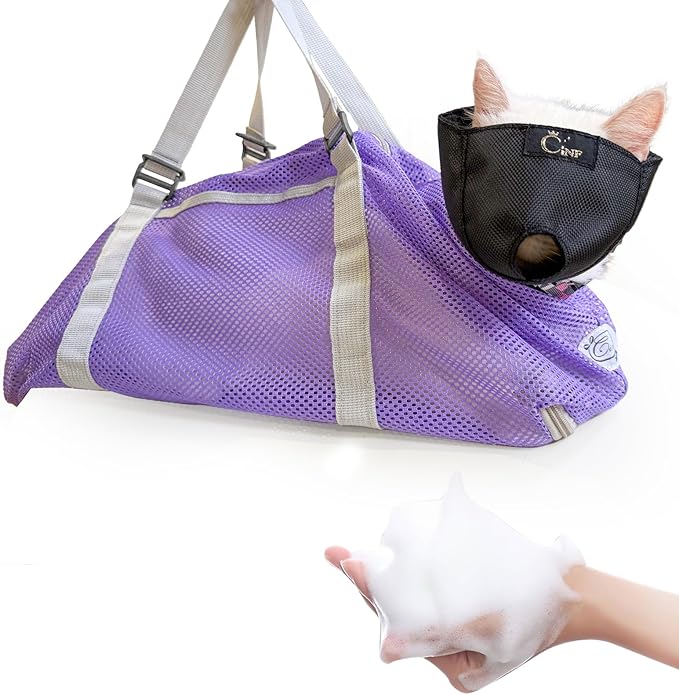 Cinf Cat Bathing Bag(Free Muzzle) Breathable Mesh Anti Scratch Adjustable Cat Grooming Bag for Nail Trimming, Bathing Soft Cat Washing Bag(Taro) L