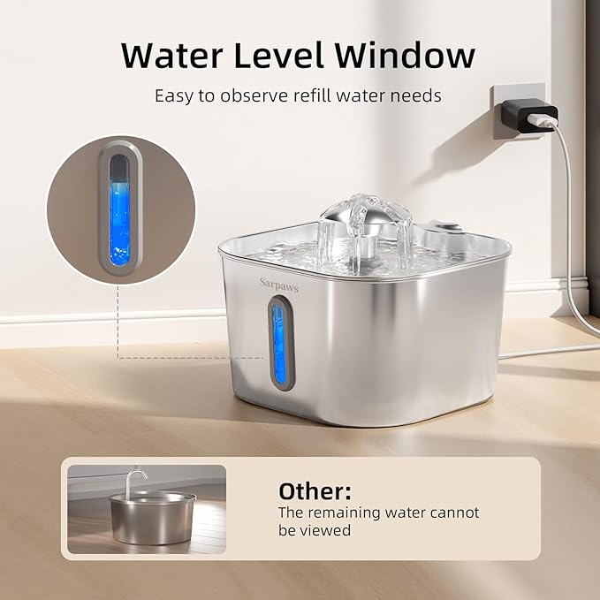 Cat Water Fountain Stainless Steel:74oz/2.2L Water Fountains for Cats Indoor, Cat Fountains for Drinking, Ultra-Quiet, Water Level Window, Pet Water Fountain - 6 Filters + 3 Sponges