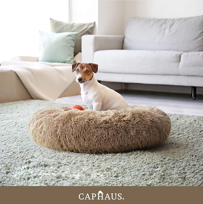 CAPHAUS 24/30 Inch Calming Donut Pet Bed for Small/Medium Cats and Dogs, Anti-Slip Bottom, Washable, Anti-Anxiety Fluffy Round Cat Bed, Indoor Shaggy Cuddler Cotton Candy Brown, Light Gray, Pink Bed