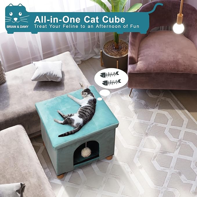 BRIAN & DANY Cat House for Indoor Cats, Cat Cave Bed for Pet, Cat Cube with Cat Scratch Board & Cat Ball, 14.7" x 14.1” x 12.7”, Green