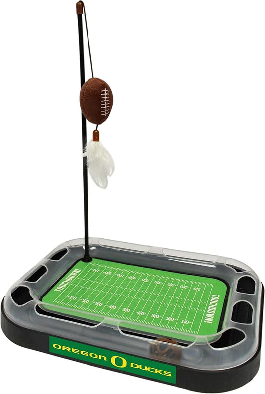 Pets First 5-in-1 NCAA Oregon Ducks Cat Scratcher & Toy: Scratching Pad, Catnip Wand, Interactive Cat Ball & Bell in Tracks