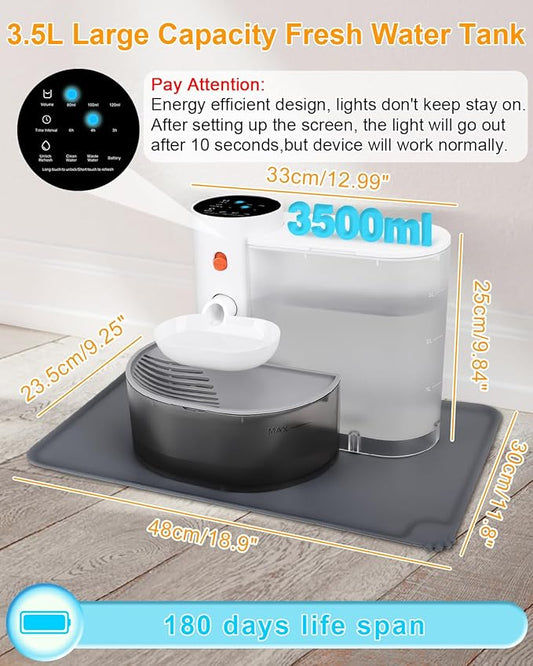 Smart Pet Water Fountain,Filterless Cat Water Fountain No Filter,3L/102oz Ultra Silent Cat Fountain, Separation Design(Includes A Silicone Food Mat)