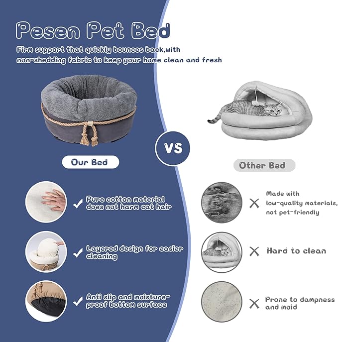 pesen Cat Bed & Small Dog Bed with Supportive Walls, Thick Bottom, Calming Donut Shape, Soft Durable Fabric, 20x20x10 Cat Beds for Indoor Cats