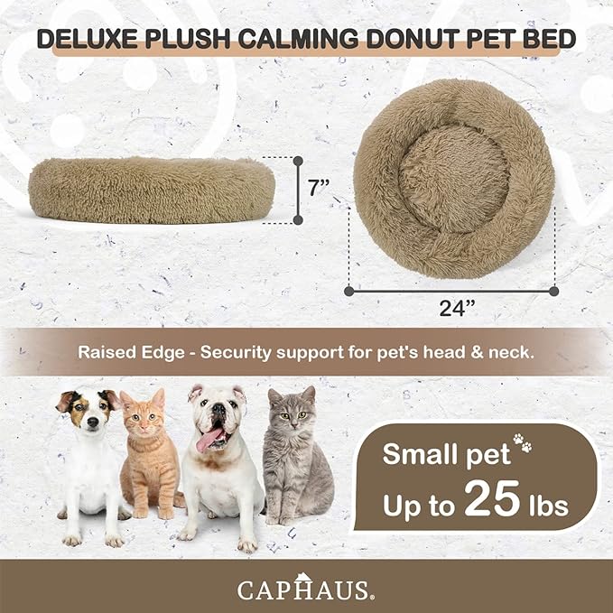 CAPHAUS 24/30 Inch Calming Donut Pet Bed for Small/Medium Cats and Dogs, Anti-Slip Bottom, Washable, Anti-Anxiety Fluffy Round Cat Bed, Indoor Shaggy Cuddler Cotton Candy Brown, Light Gray, Pink Bed