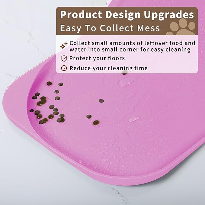 Silicone Pet Feeding Mat with Raised Edge & Residue Collection Pocket for Food and Water, Dog Bowl Mats, Cat Bowls Placemat with High Lip for Floor Waterproof, 24 x 16 x 0.8 Pink