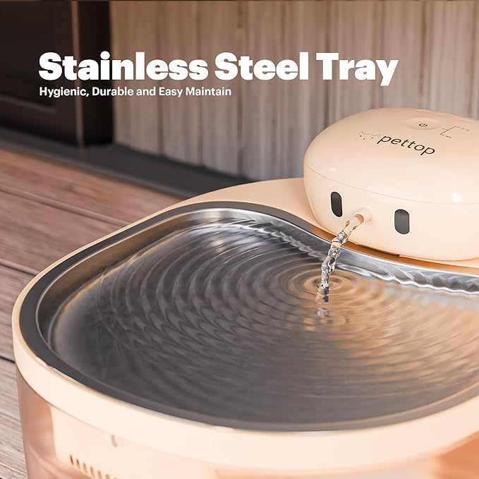 PetTop® Pumpless Cat Water Fountain - 102oz/ 3L - Stainless Steel Tray – 3600mAh Battery Operated with Motion Sensor - The Easiest to Clean