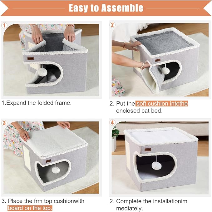 Cat Bed for Indoor Cats Cube House, Covered Cat Cave Beds & Furniture with Scratch Pad and Hideaway Tent, Cute Modern Cat Condo for Multi Small Pet Large Kitten Kitty, Large, Grey