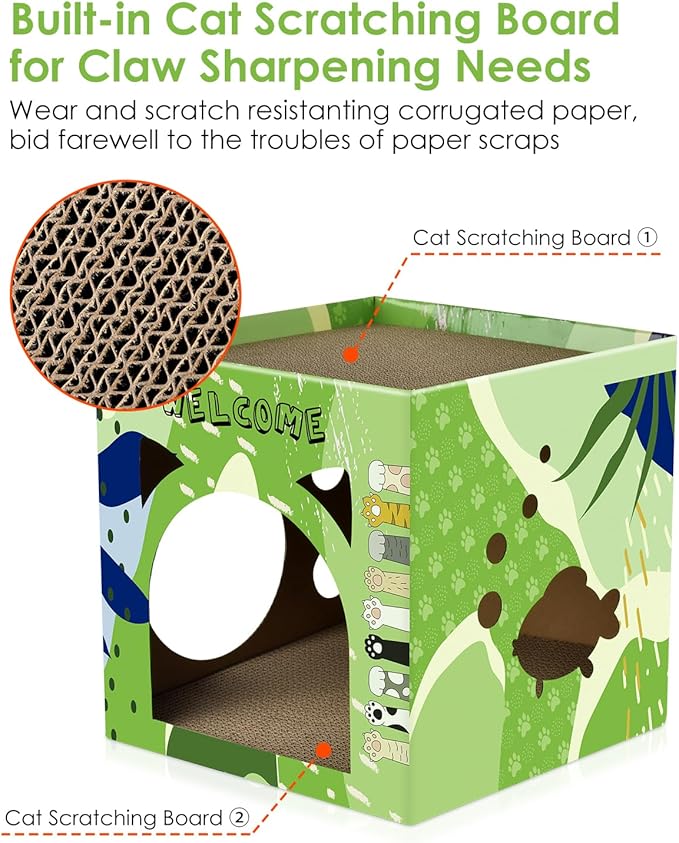 Bissap Cat Cardboard House, Large Thickened Play House with 2 Story Scratch Pads Bed Scratching Lounge for Indoor Cats Kittens Breathable Cube Shelter Corrugated Scratcher Box Toy