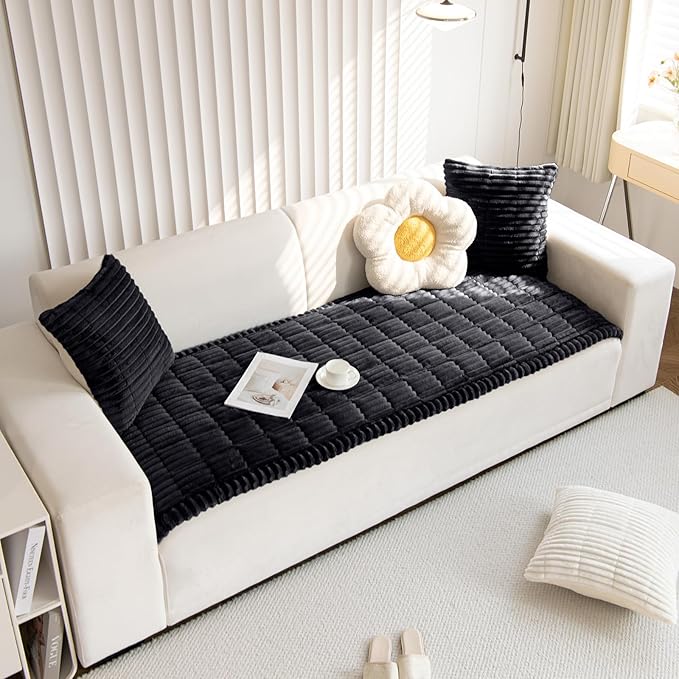 Faux Fur Plush Dog Couch Cover 3D Stripe Fuzzy Sofa Cover Non-Slip Fluffy Dog Bed Cover Pet Blanket Sofa Couch Furniture Protector for Puppy Large Dog Cat (Black,28"x70")
