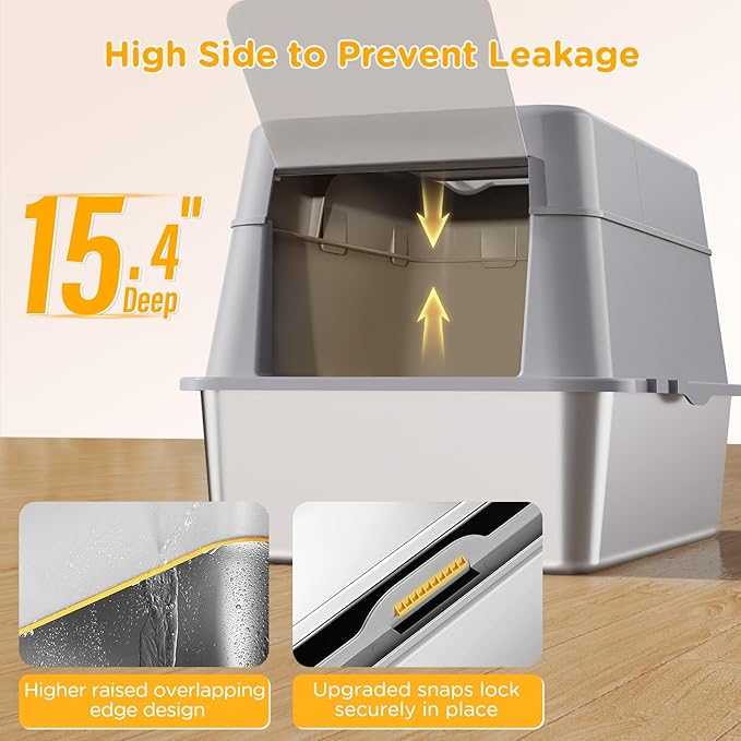 Stainless Steel Litter Box with Lid, XL Closed Metal Litter Box Modular Design with Flip Lid Fits All Cats, Extra Large Covered High Sided Cat Box, Scoop, Non-Sticky, Easy Cleaning, Grey