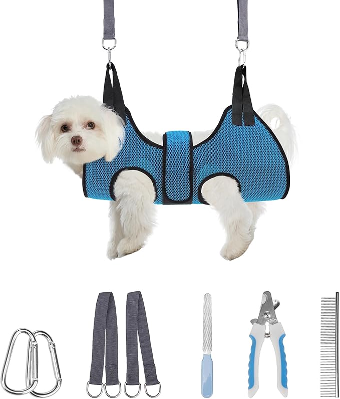 PAWCHIE Dog Grooming Hammock Harness for Dog Cat with Pet Nail Clipper Trimmer-Breathable Cat Hanger Sling for Trimming Clipping Nails-Dog Hammock Restraint Bag for Small Medium Large Dog,Dark Blue XS