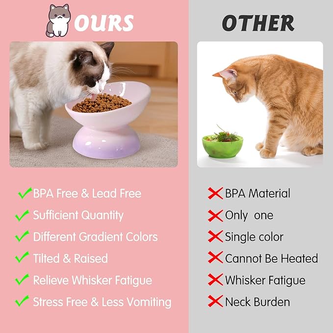 kathson 4 Pcs Ceramic Raised Cat Bowls, Elevated Tilted Cat Food Bowl, Anti Vomiting Pet Food Bowl, Colorful Porcelain Pet Feeder Dish for Cats and Small Dogs,Stress Free, Whisker Fatigue