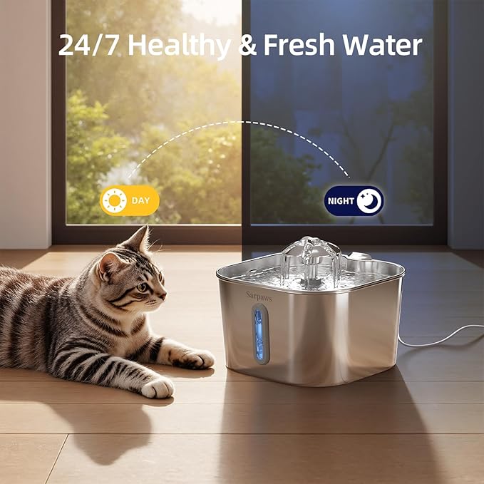 Cat Water Fountain Stainless Steel:74oz/2.2L Water Fountains for Cats Indoor, Cat Fountains for Drinking, Ultra-Quiet, Water Level Window, Pet Water Fountain - 6 Filters + 3 Sponges