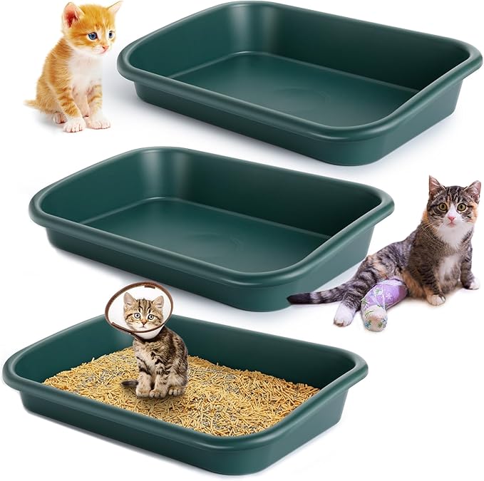 3 Pcs Large Cat Litter Box, Low Entry Senior Cat Litter Box Open Top Pet Litter Boxes Tray for Big Older Cats Kitten Sick Frail or Disabled Cat, 23.2" L x 16.5" W (Green)