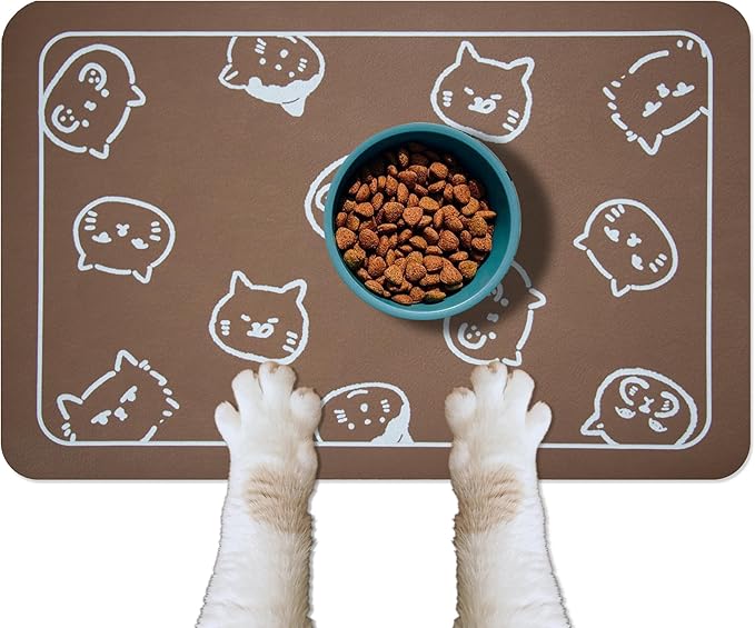 YCT Cat Food Mat for Pet Dog Food Mat, Cat Mat for Food and Water, Cat Feeding Mat Pet Dog Cat Bowl Mat, Non-Slip Super Absorbent, with Multiple cat Heads Logo,24 x 16.9 inches, Brown