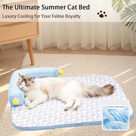 Summer Cooling Cat Bed-Cooling Cat Mat with 4.33inch Pillow for Kittens & Cats, Machine-Washable Cushion Calming Bed for Persian, Siamese, Small Pets(Blue, Large-25"x19"x4")