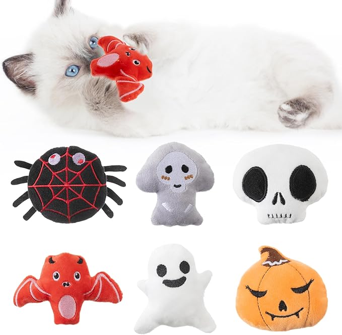 6pcs Halloween Catnip Toy,Indoor Pumpkin Ghost Shaped Cat Toy Plush Interactive Chew Bite Toys for Cat Kitten Indoor Festive Holiday Cat Lover Gift