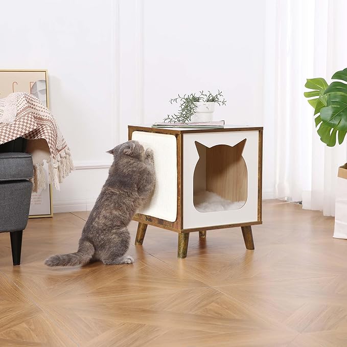Cat House Wooden Cat Condo Cube Shaped,Modern Cat Bed Side Table & Nightstand,Cat Shelter Furniture with Cushion Cat Scratch Pad,Brown