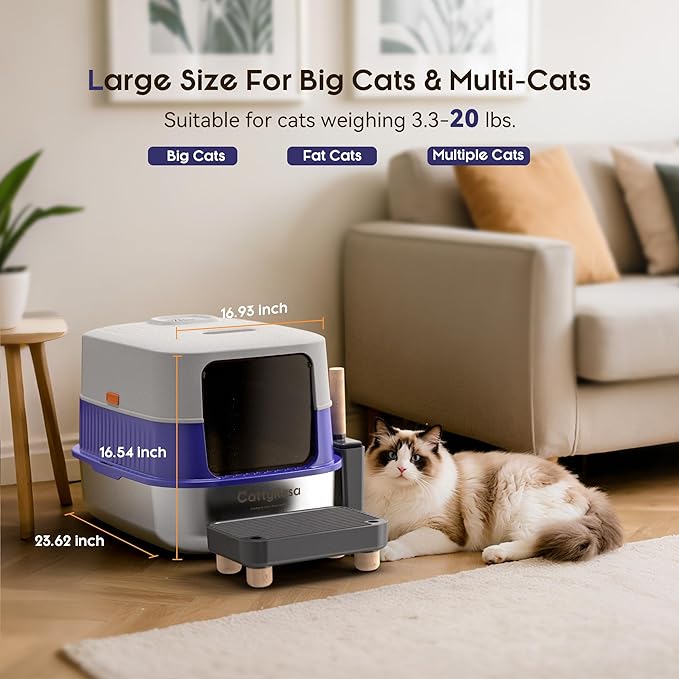 Odor Control XL Stainless Steel Litter Box,3-in-1 Enclosed High Side Cat Litter Box with High Lid for Cats,Non-Sticky,Anti-Leakage,Easy Clean,with Scoop & Filter Pedal(Gray-Blue)