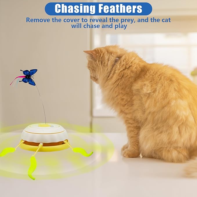 Interactive Cat Toy, Automatic Kitten Toys for Indoor Cats, Hide and Seek Cat Toy Kitten Wand Toy Cat Exercise Toys with Motion Activated, Moving Feather, Chirping