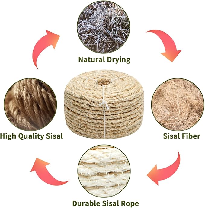 Cat Natural Sisal Rope 1/4 Inch 6mm 98-Feet for Cat Scratching Post Tree Tower Replacement Repair and Replace, DIY Hemp Twine Rope for Cat Scratching Furniture Window Perch and Crafts Gardening