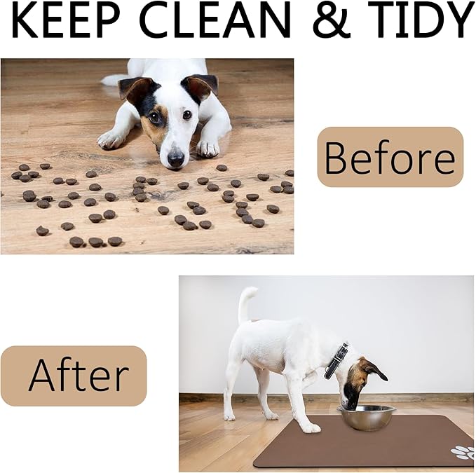 YCT Pet Food Mat for Dogs and Cats - Non-Slip Super Absorbent Feeding Bowl Mat With Footprints Logo - 24 x 16.9 Inches, Brown