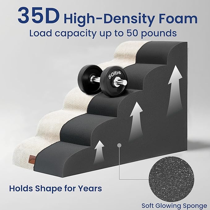 GoGoBunny Ramp Dog Stairs for High Beds 22.6" H, 5-Step Dog Slope Stairs with Durable Waterproof Fabric Cover, Pet Steps for Old Large Dogs Climbing, Non-Slip Sturdy Indoor Step, Beige