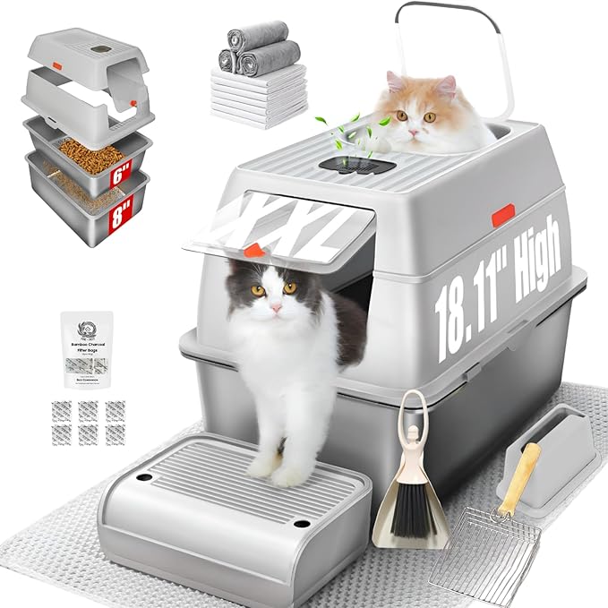XXL Stainless Steel Sifting Litter Box with Lid, Fully Enclosed 8" Deep Metal Cat Litter Box, Leak-Proof, for Pine Pellets or Clumping Litter, for Large & Multi-Cats, with Litter Mat & Scooper & Brush