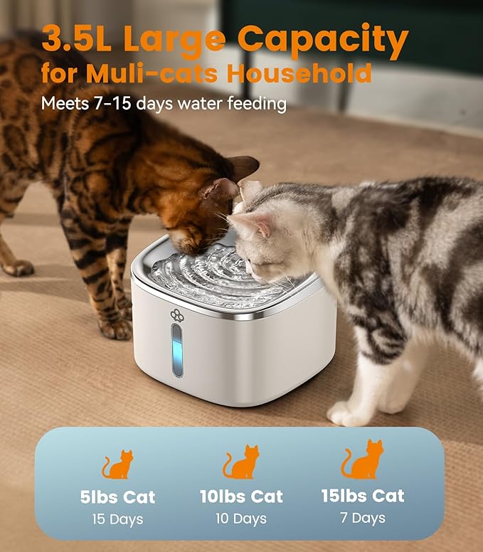 oneisall 3.5L Water Fountains for Cats Indoor, Stainless Steel Pet Drinking Fountains Automatic Running Cat Waterer Fountains Quiet, White