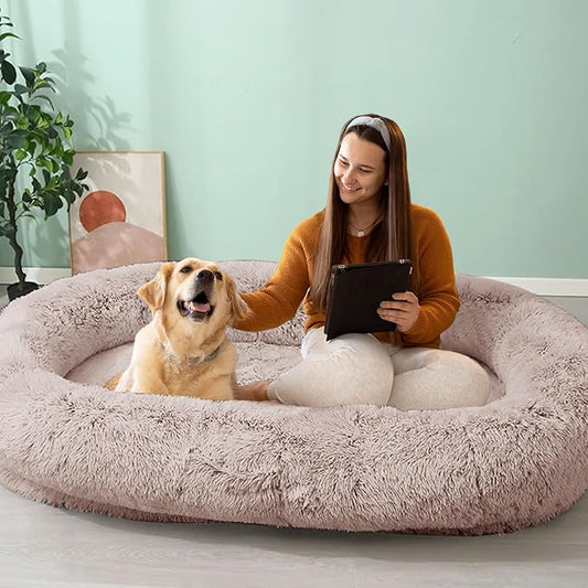 JOLLYVOGUE Human Dog Bed for Adults and Pets, Ultra-Soft Plush Giant Dog Bed with Egg Crate Foam, Non-Slip Base, and Machine Washable Cover - Ideal for Relaxation and Napping, Brown