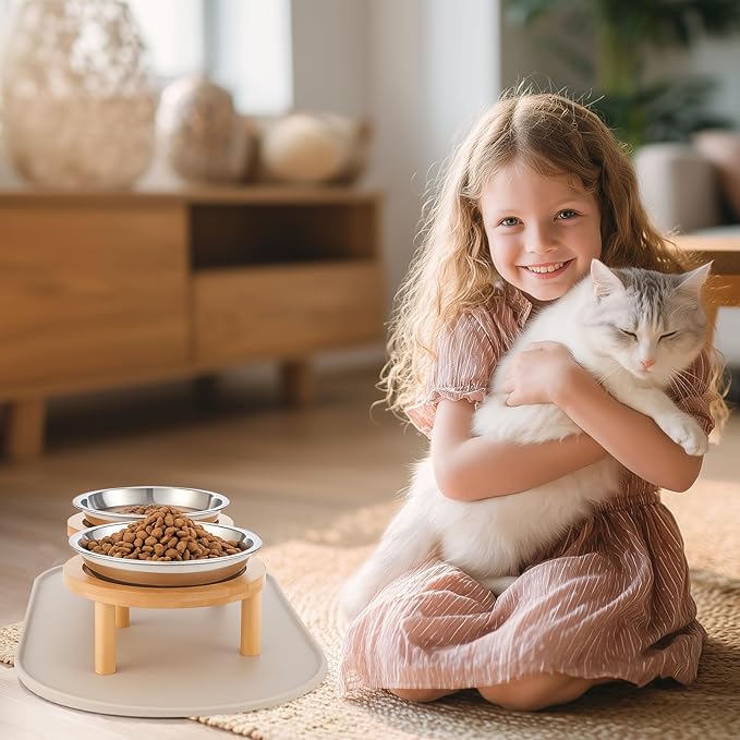 Elevated Cat Bowls with Food Mat,6.3 Inches Shallow Raised Bowls Whisker Friendly,2 Stainless Steel Cat Food and Water Dishes for Cats and Puppies,Dishwasher Safe